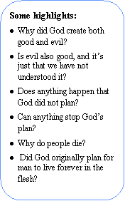 Rounded Rectangle: Some highlights:Why did God create both good and evil? Is evil also good, and it�s just that we have not understood it? Does anything happen that God did not plan? Can anything stop God�s plan? Why do people die?  Did God originally plan for man to live forever in the flesh?